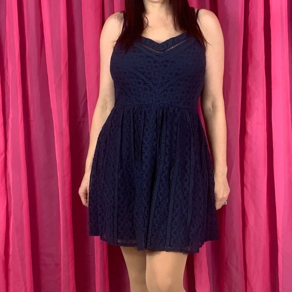 City Triangles lace overlay navy fit and flare dress, size 11
